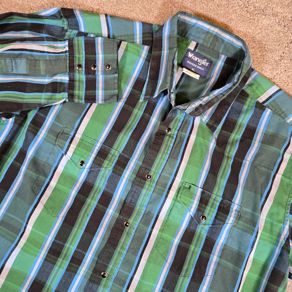 Wrangler Vintage Pearl Snap Green Blue Striped Western Long Sleeve Shirt Size XL